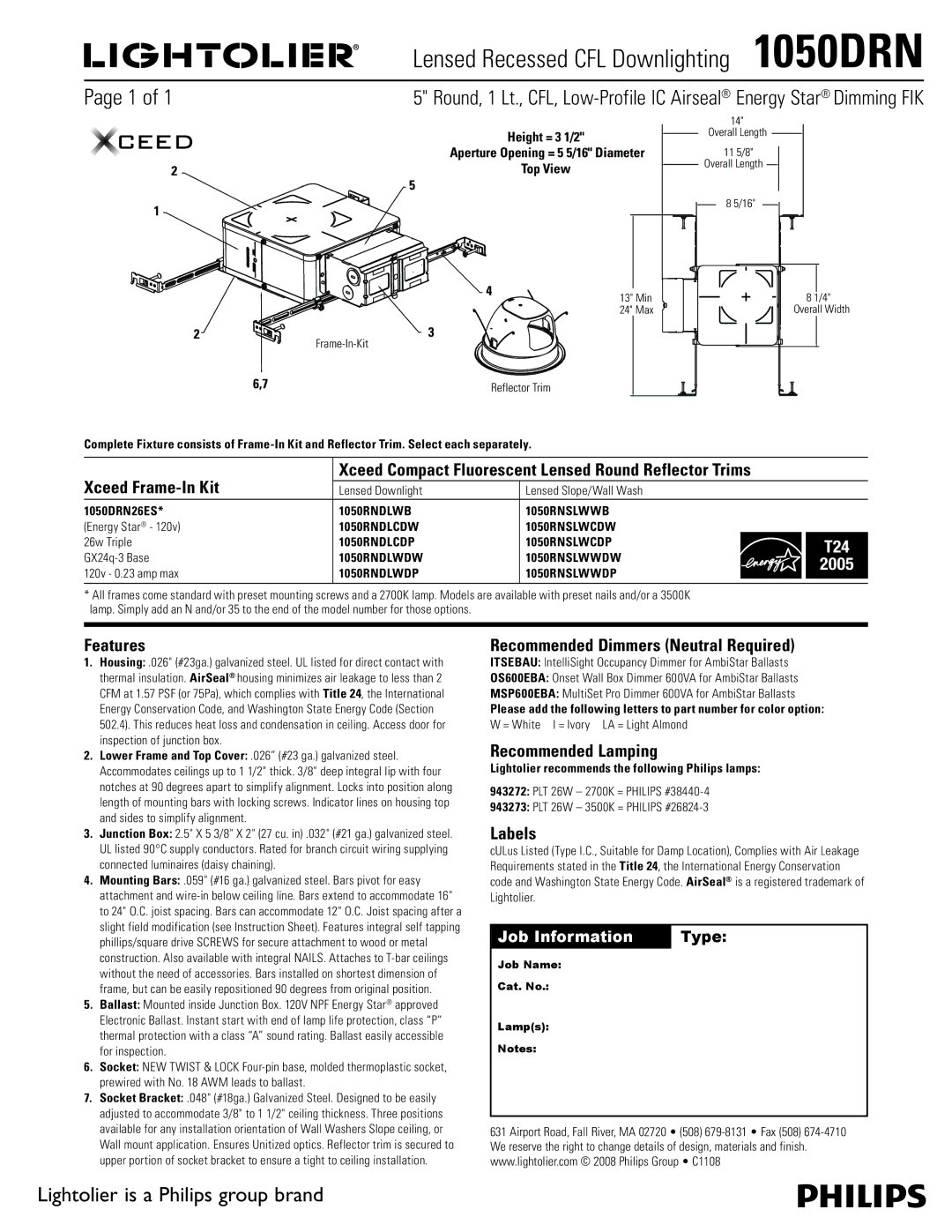 Lightolier instruction sheet Lensed Recessed CFL Downlighting 1050DRN, Lightolier is a Philips group brand 