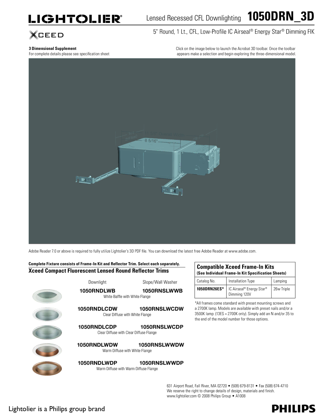 Lightolier 1050DRN_3D specifications Lensed Recessed CFL Downlighting 1050DRN3D, Compatible Xceed Frame-In Kits 