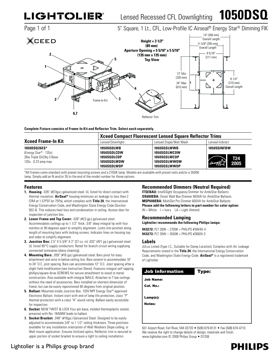 Lightolier instruction sheet Lensed Recessed CFL Downlighting 1050DSQ, Lightolier is a Philips group brand, 2005 