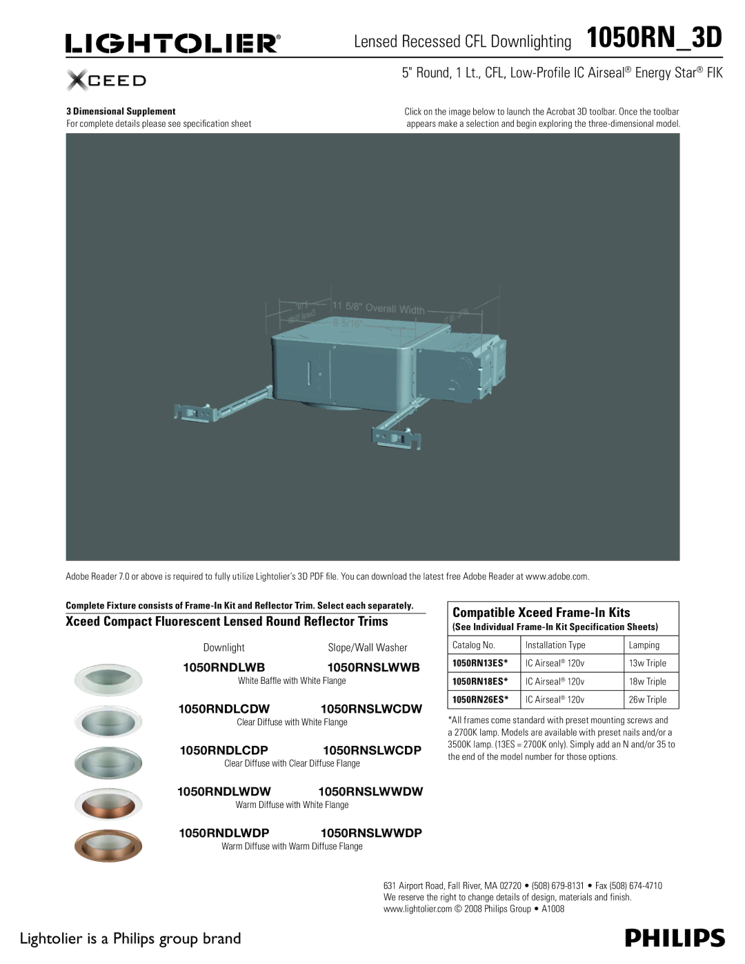 Lightolier 1050RN_3D specifications Lensed Recessed CFL Downlighting 1050RN3D, Lightolier is a Philips group brand 