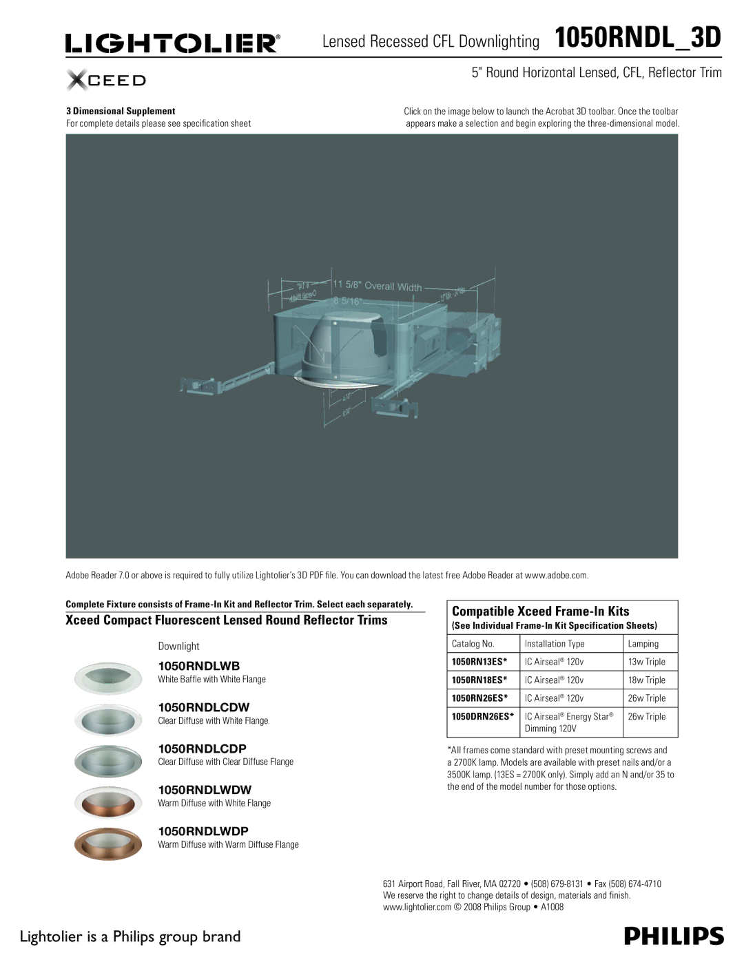Lightolier 1050RNDL_3D specifications Lensed Recessed CFL Downlighting 1050RNDL3D, Compatible Xceed Frame-In Kits 