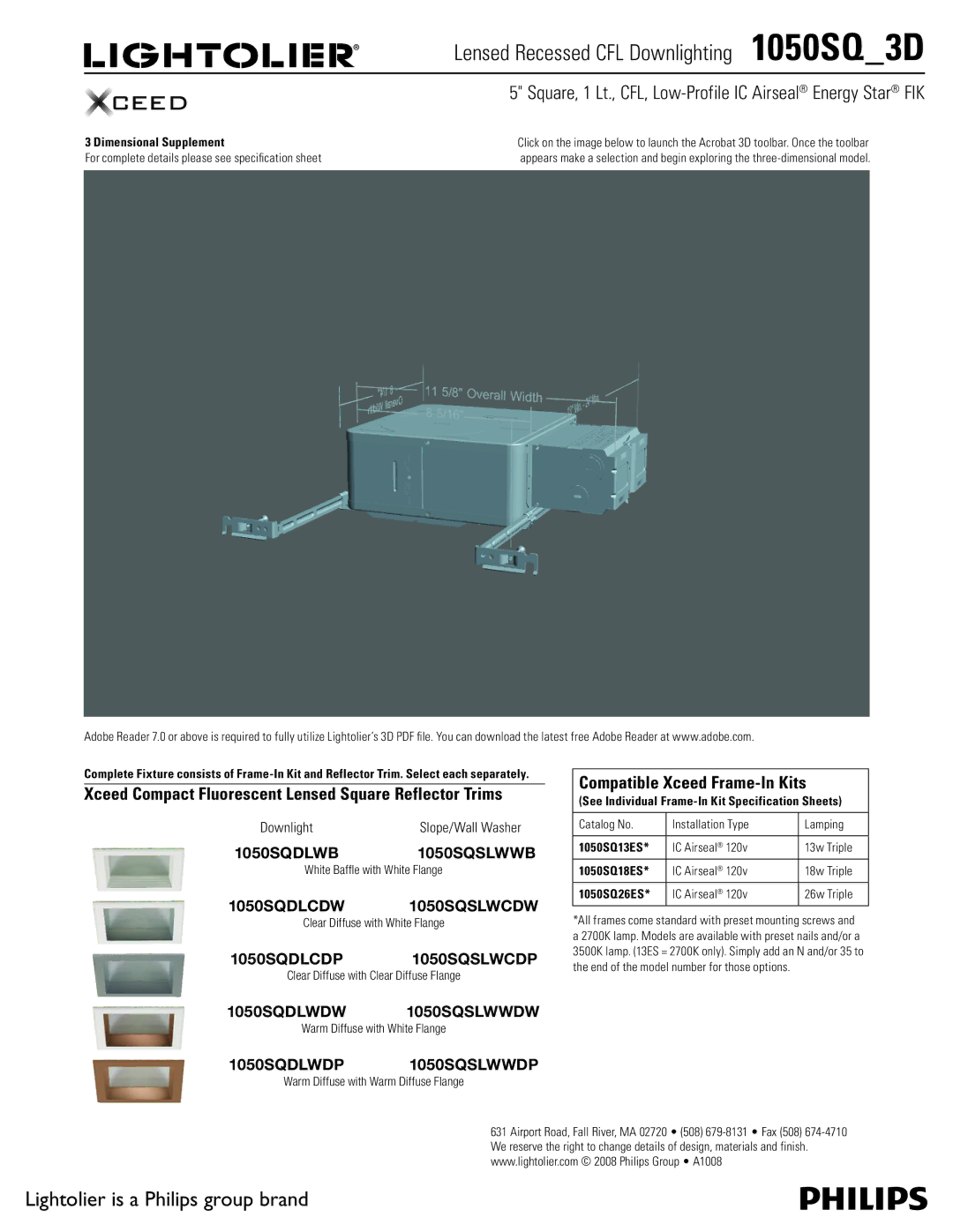 Lightolier 1050SQ_3D specifications Lensed Recessed CFL Downlighting 1050SQ3D, Lightolier is a Philips group brand 