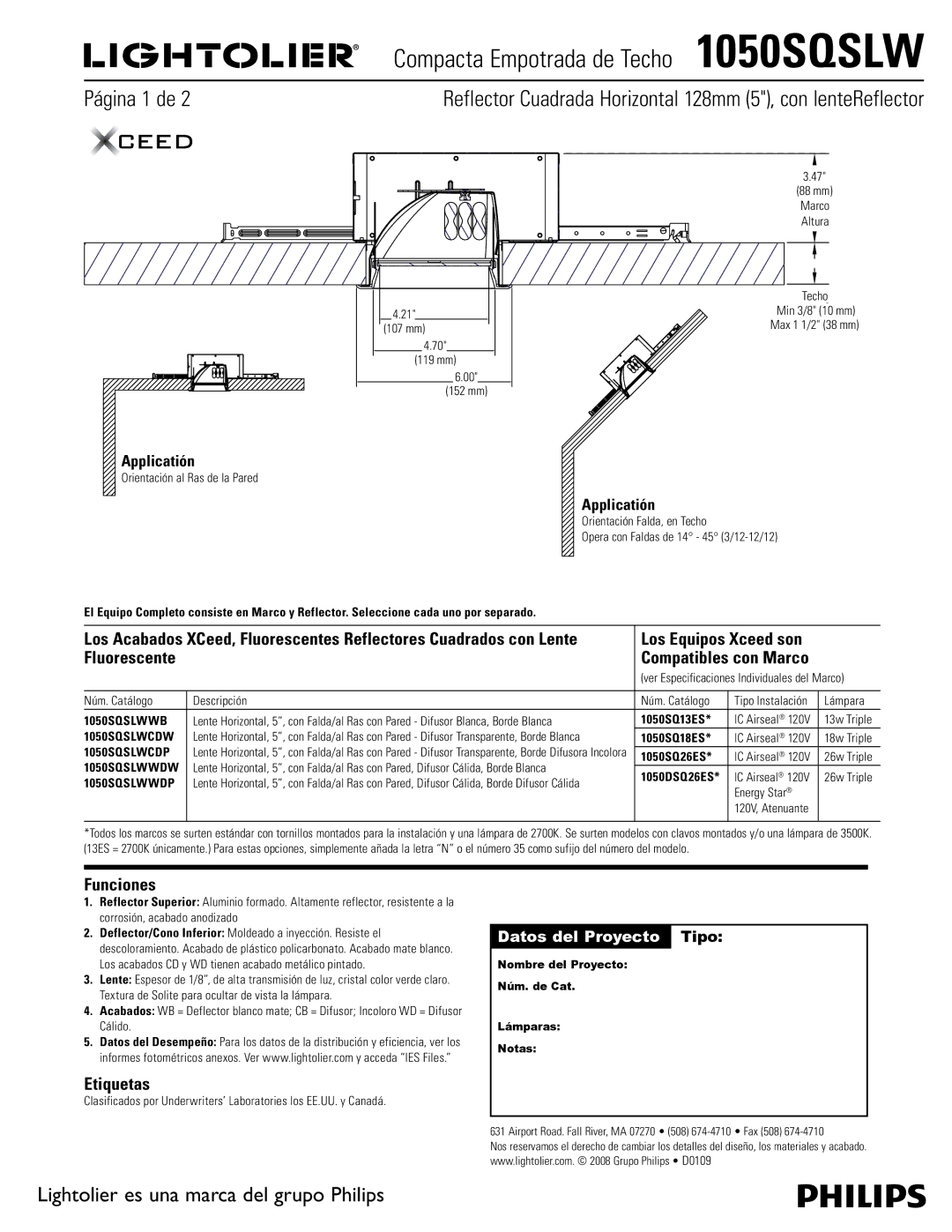 Lightolier 1050SQSLW specifications Funciones, Etiquetas 