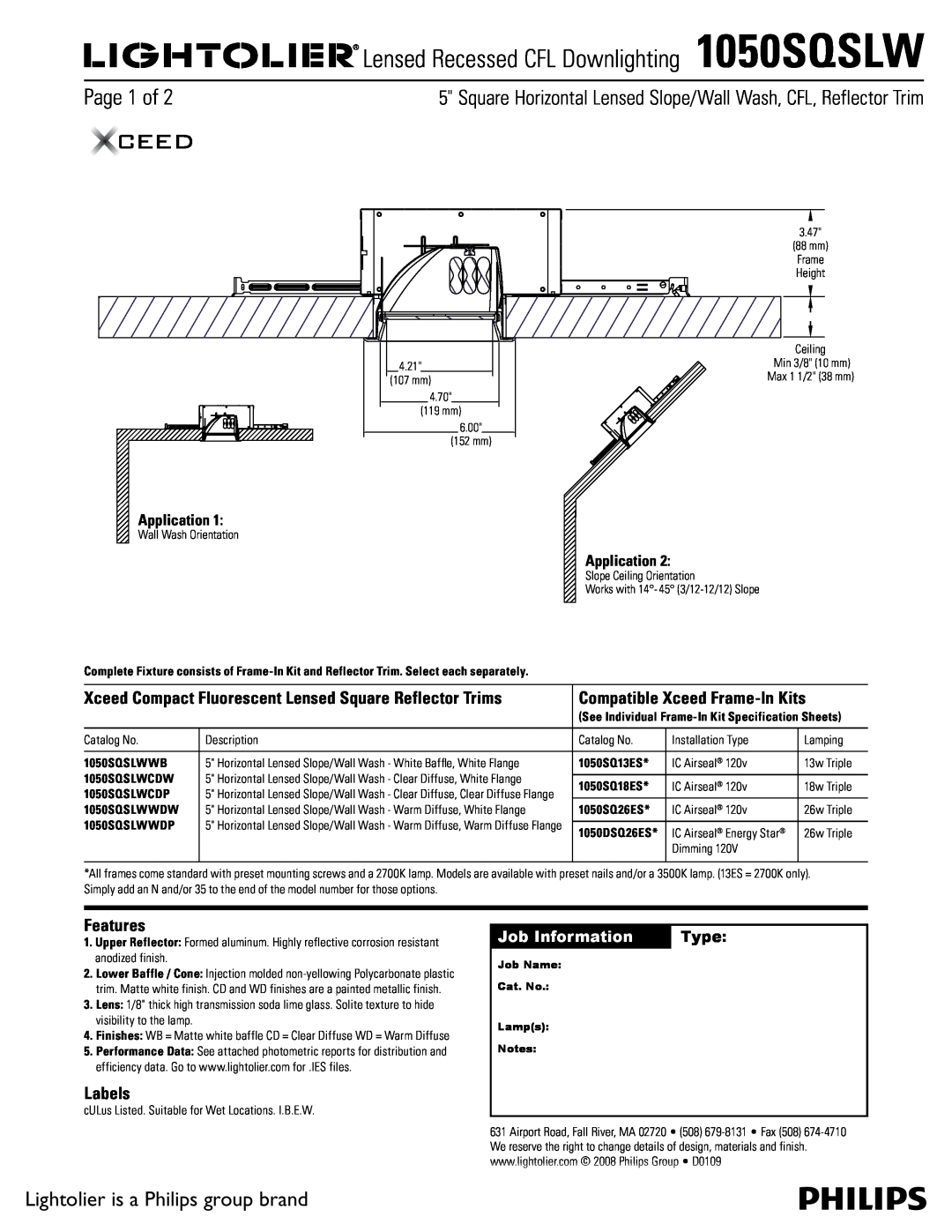 Lightolier 1050SQSLW specifications Page 1 of, Lightolier is a Philips group brand, Compatible Xceed Frame-InKits, Labels 