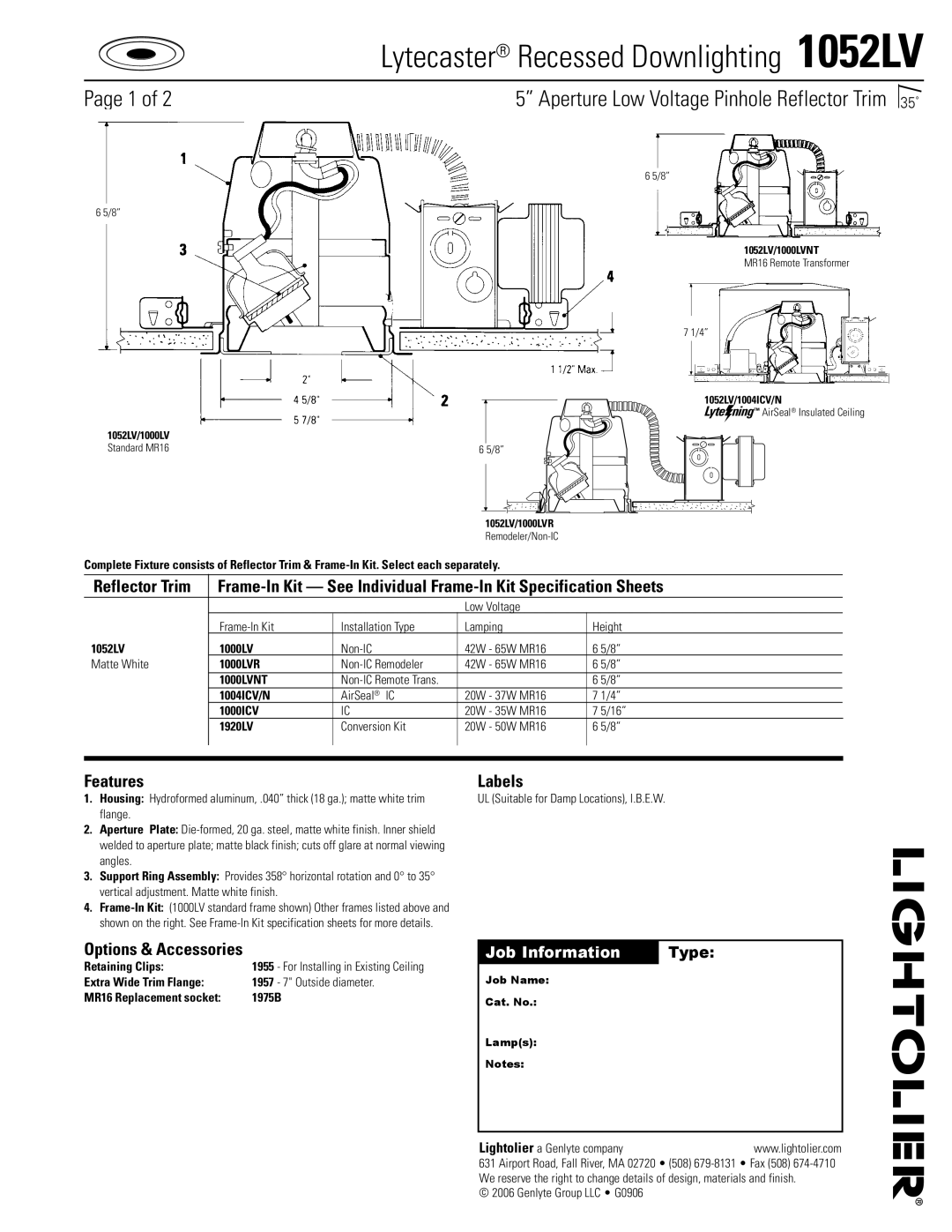 Lightolier 1052LV specifications Features Labels, Options & Accessories 