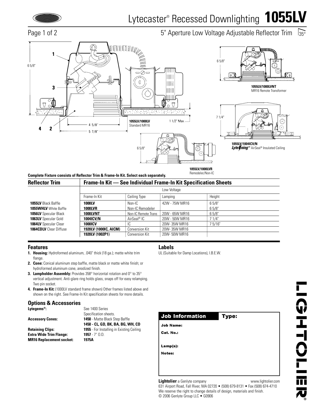 Lightolier 1055LV specifications Features, Options & Accessories, Labels 