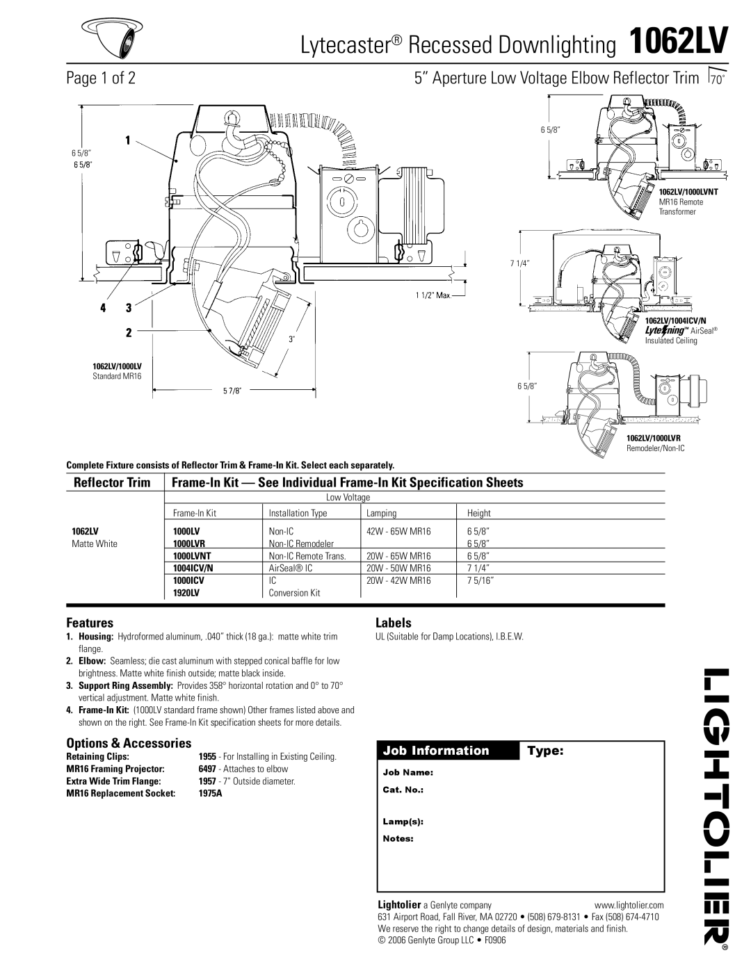 Lightolier specifications Lytecaster Recessed Downlighting 1062LV, Aperture Low Voltage Elbow Reflector Trim 