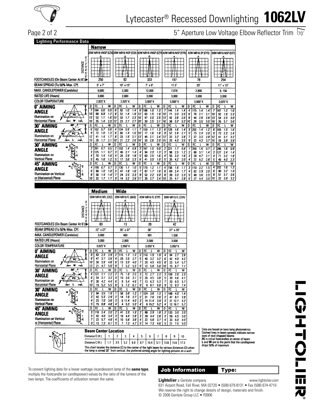 Lightolier 1062LV specifications Job Information, Type 