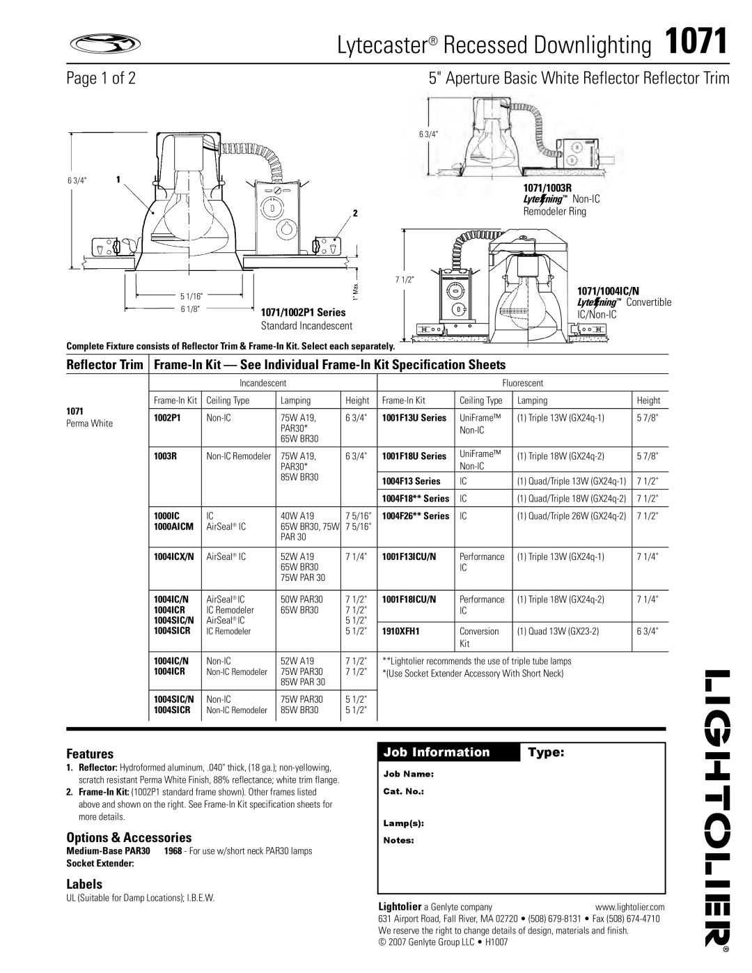 Lightolier 1071 specifications Features, Options & Accessories, Labels, Reflector Trim 