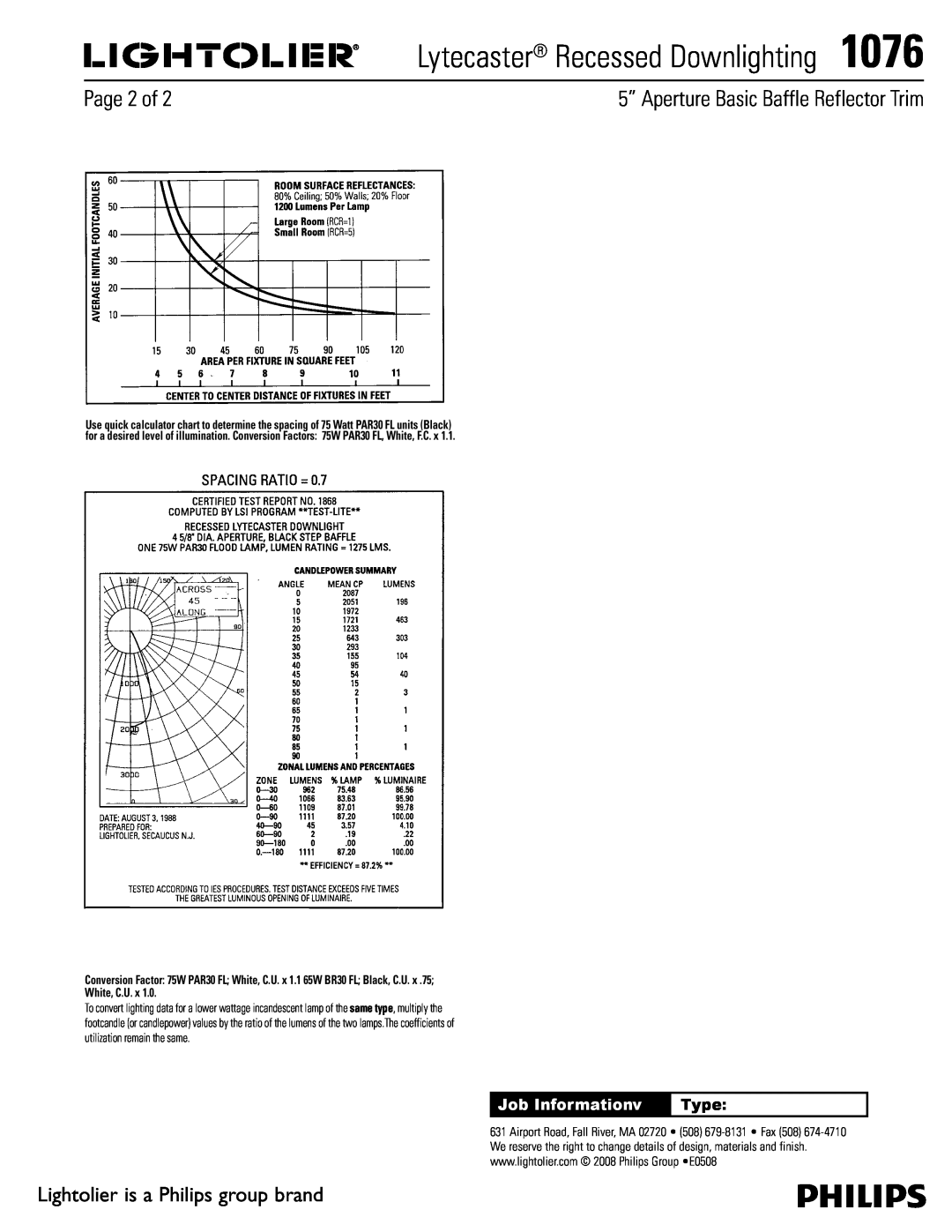 Lightolier Page 2 of, Job Informationv, Lytecaster Recessed Downlighting1076, 5” Aperture Basic Baffle Reflector Trim 
