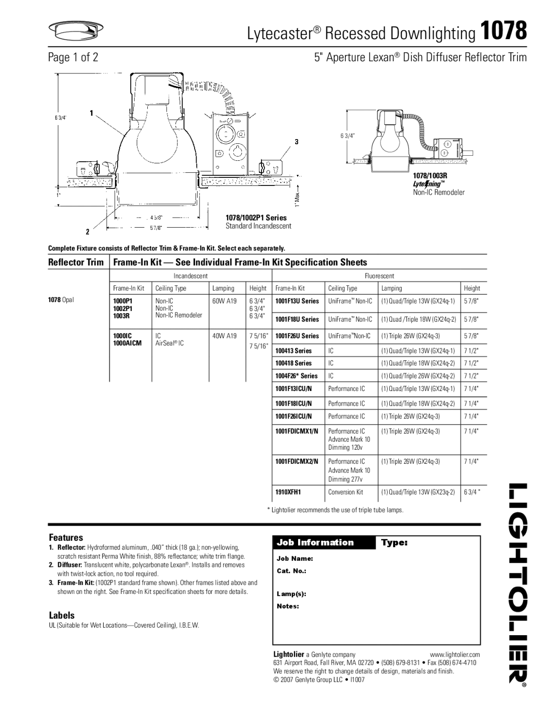 Lightolier 1078 specifications Features, Labels 