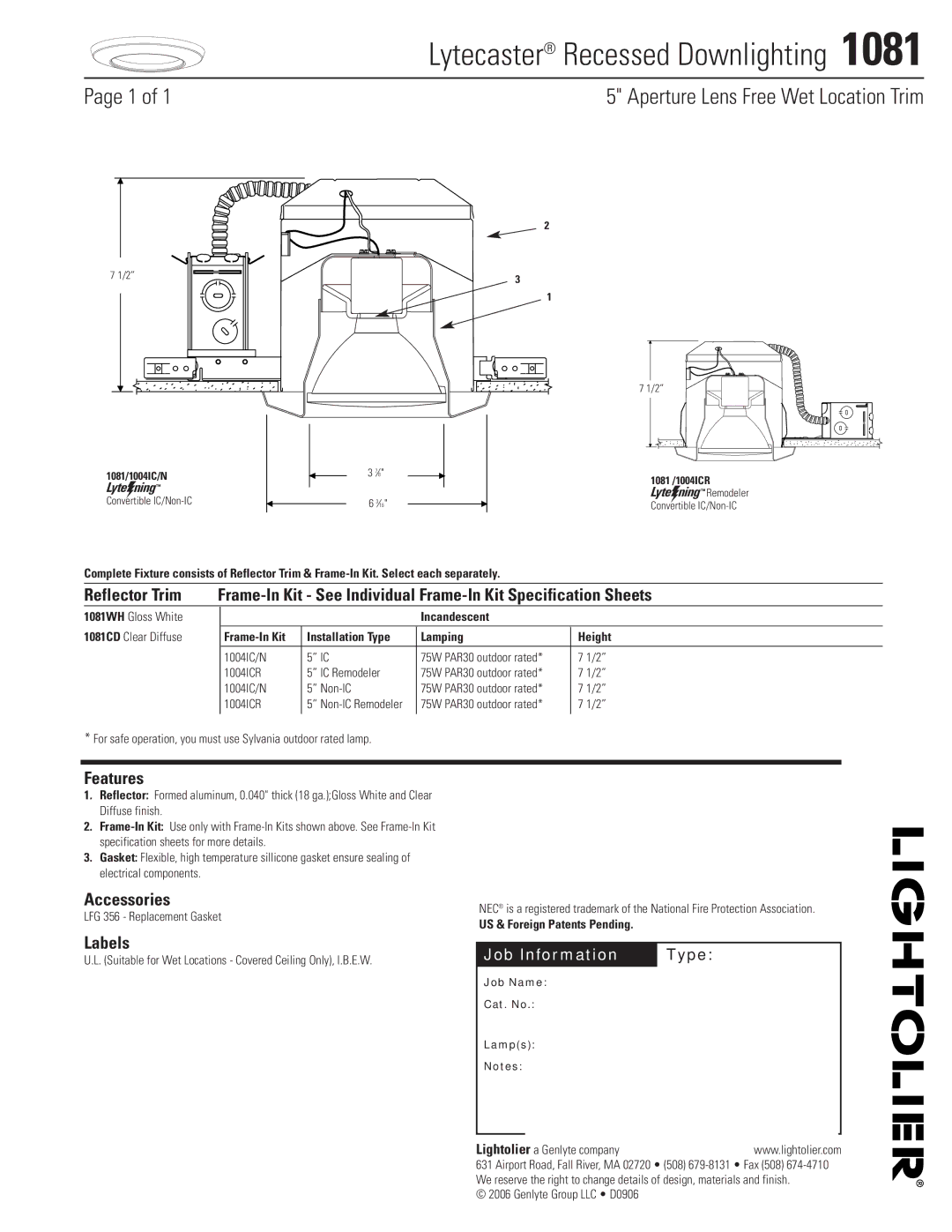 Lightolier 1081 specifications Lytecaster Recessed Downlighting, Aperture Lens Free Wet Location Trim, Features, Labels 