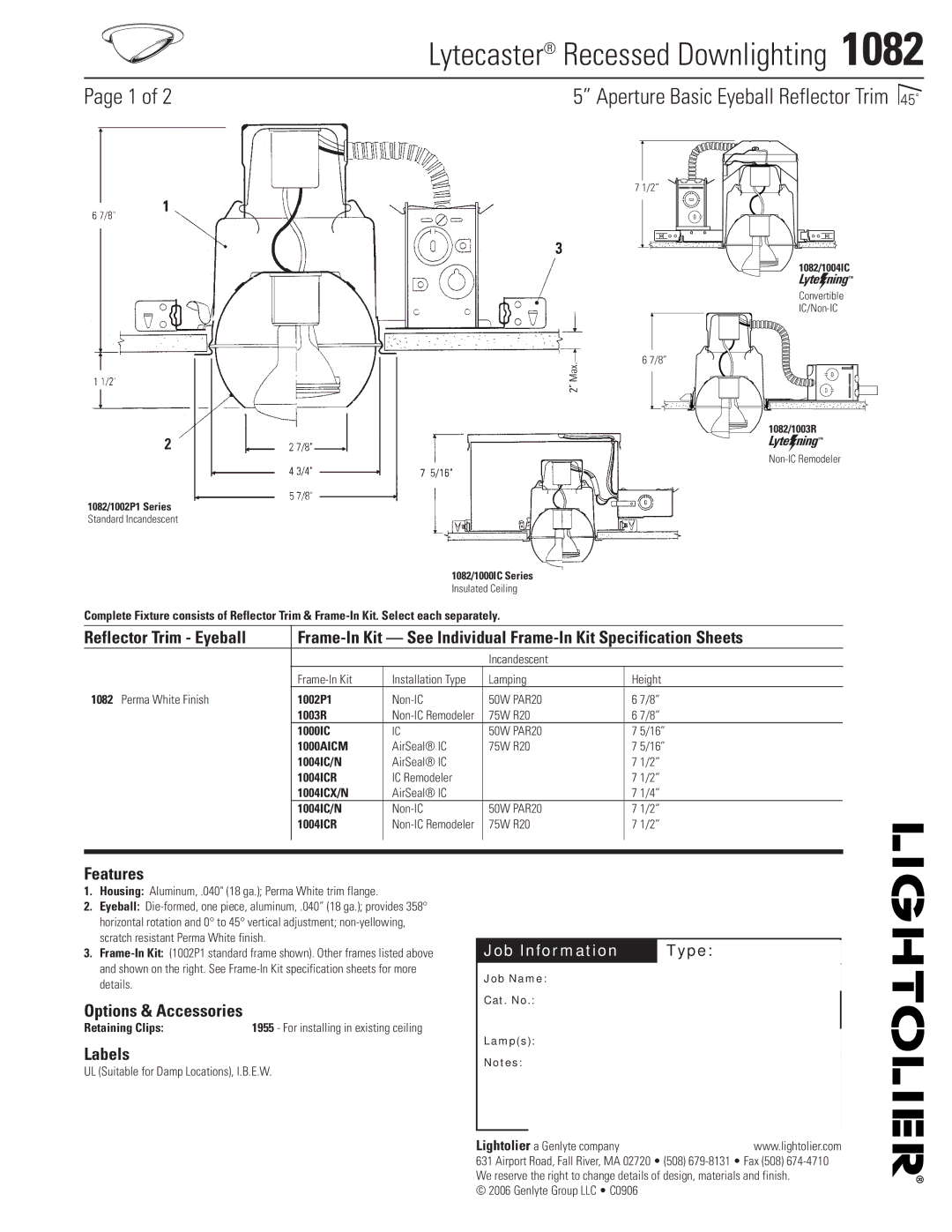 Lightolier 1082 specifications Lytecaster Recessed Downlighting, Aperture Basic Eyeball Reflector Trim, Features, Labels 