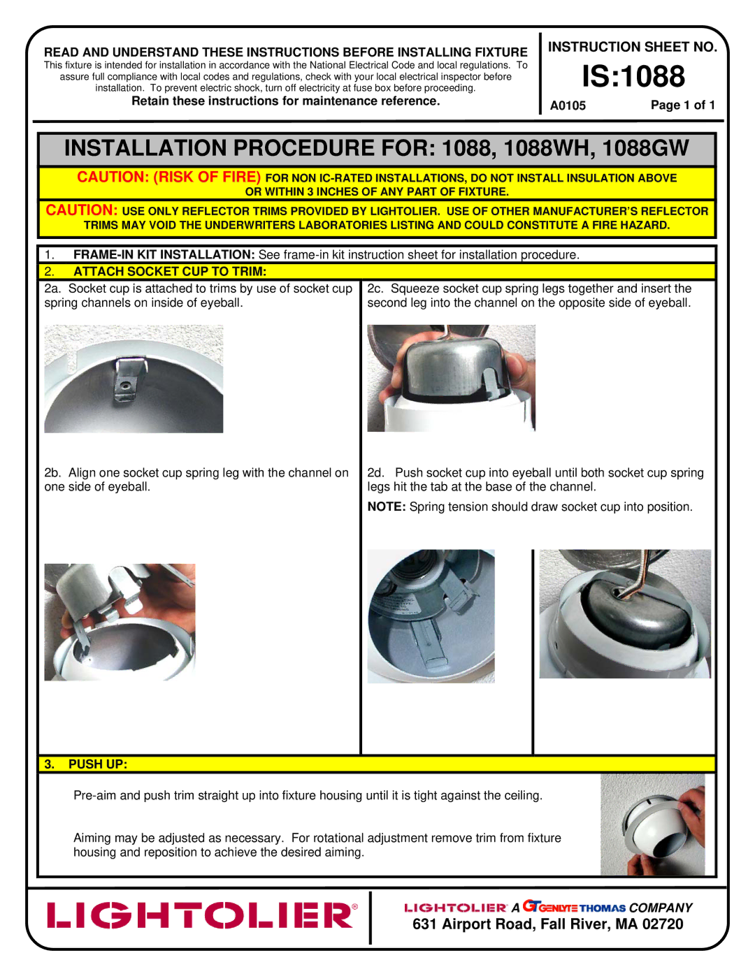 Lightolier instruction sheet IS1088, Installation Procedure for 1088, 1088WH, 1088GW, Attach Socket CUP to Trim 