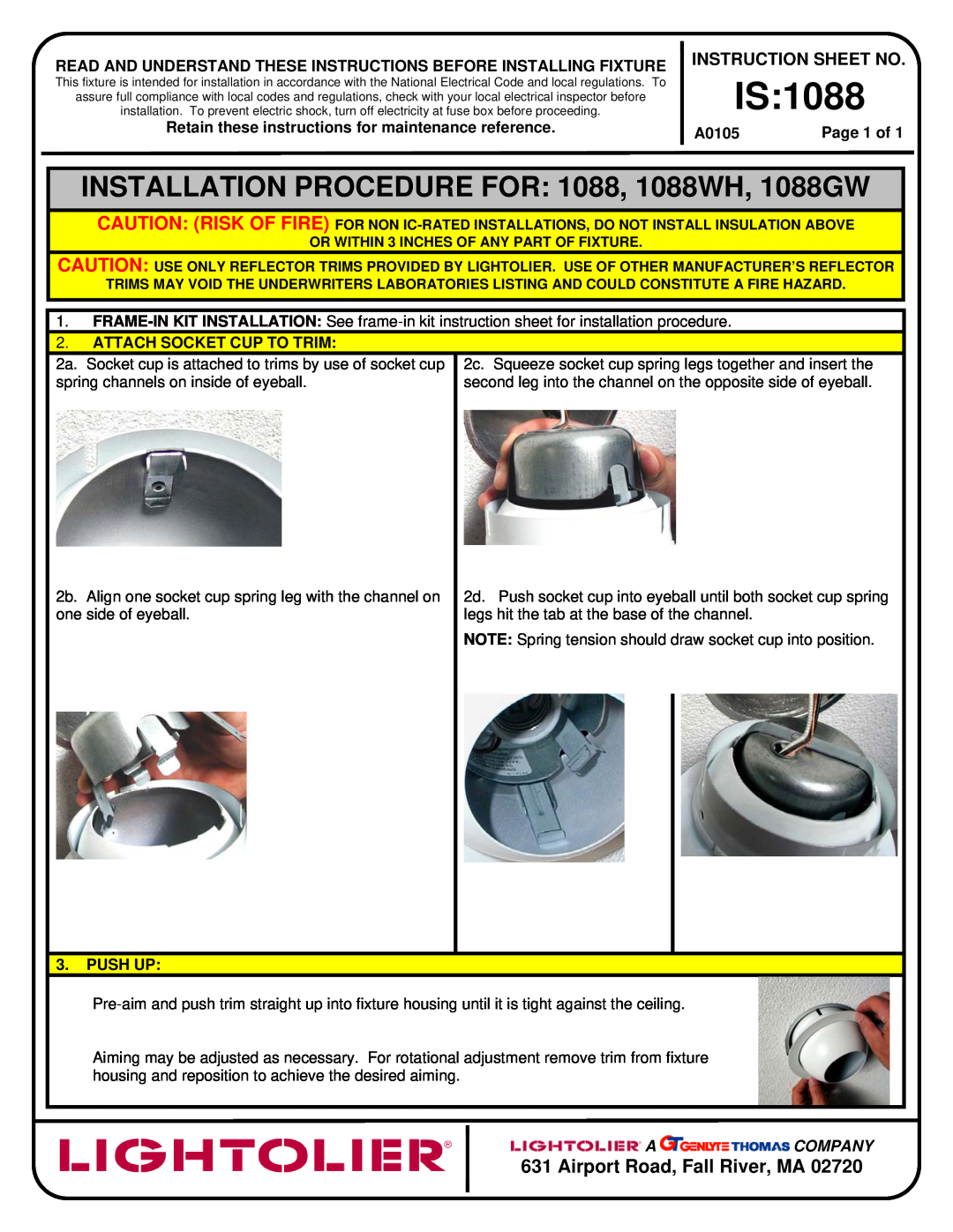 Lightolier instruction sheet Is, INSTALLATION PROCEDURE FOR 1088, 1088WH, 1088GW, Airport Road, Fall River, MA, A0105 