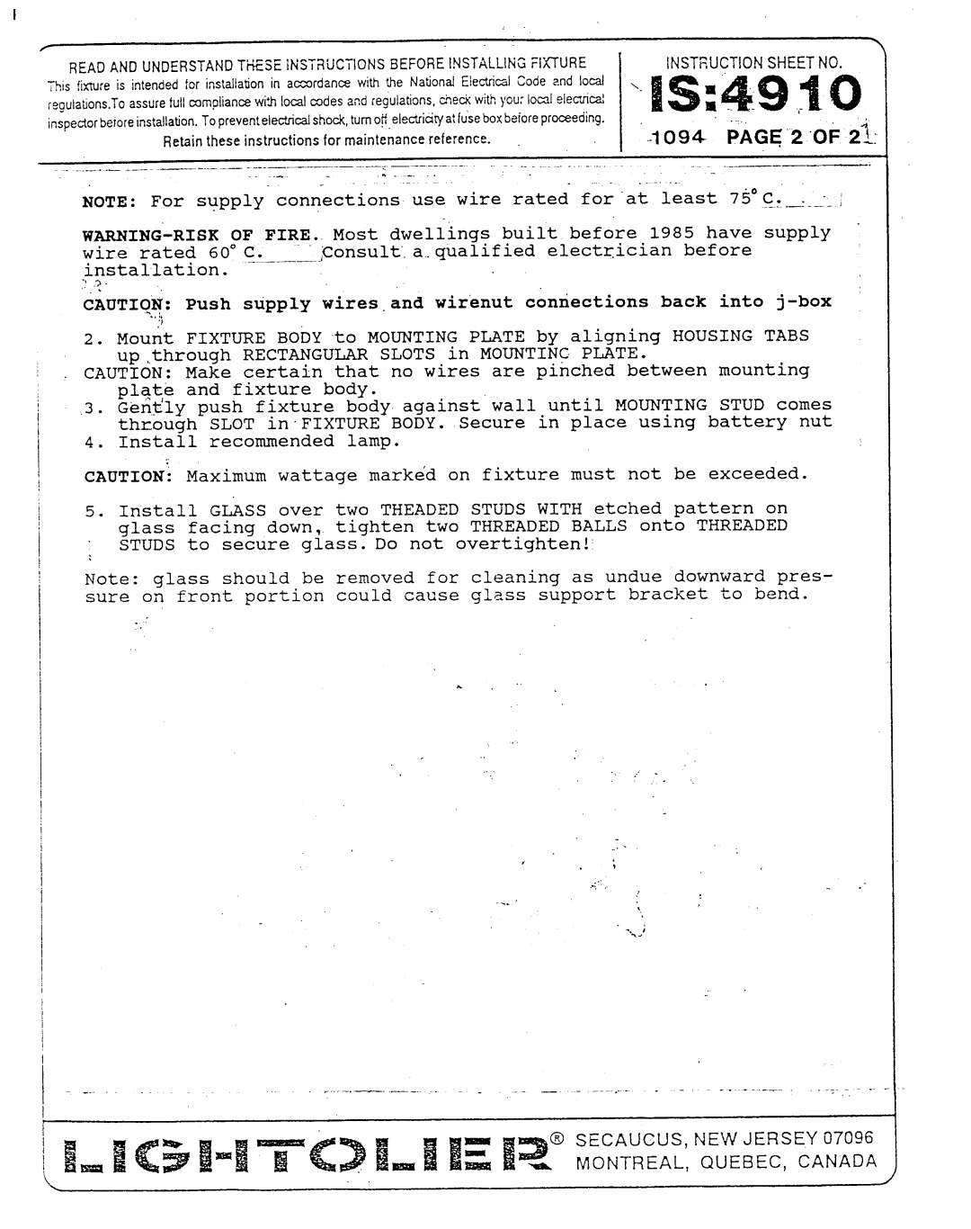 Lightolier 1094 PAGE2, Rated For at Least, Threaded, Studs to secure glass. Do not overtighten!’, Instruction Sheet no 