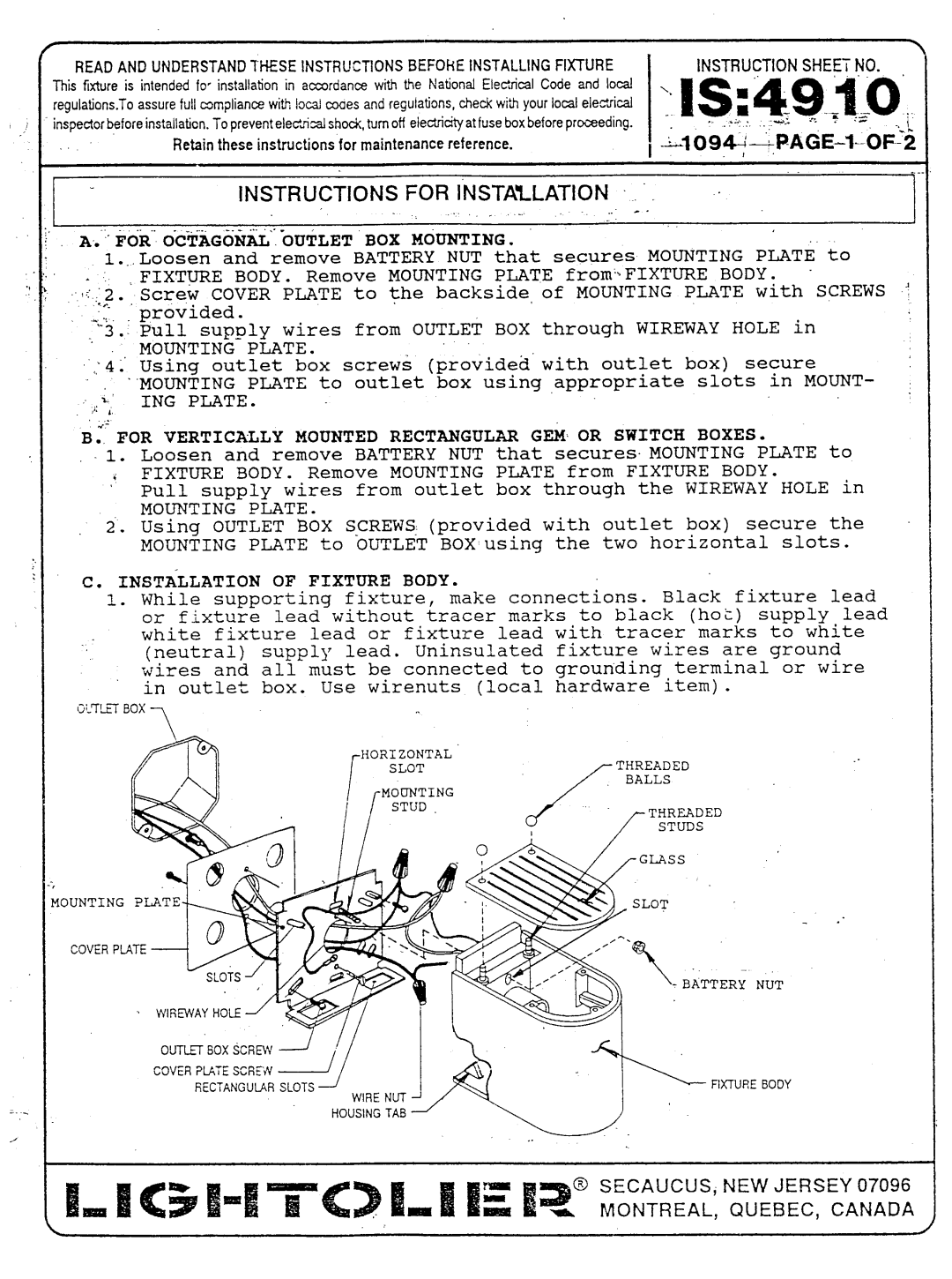 Lightolier 1094 instruction sheet ’Zr 