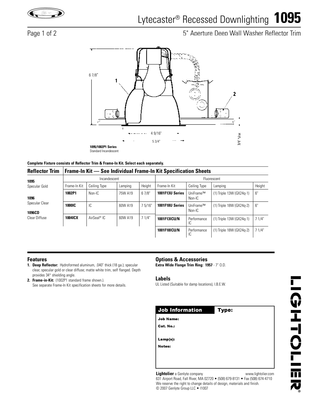 Lightolier 1095 specifications Features, Options & Accessories, Labels, Reflector Trim 