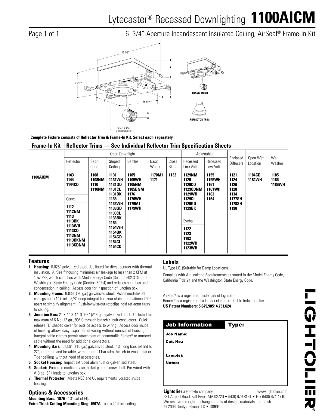 Lightolier specifications Lytecaster Recessed Downlighting 1100AICM, Features, Options & Accessories, Labels 