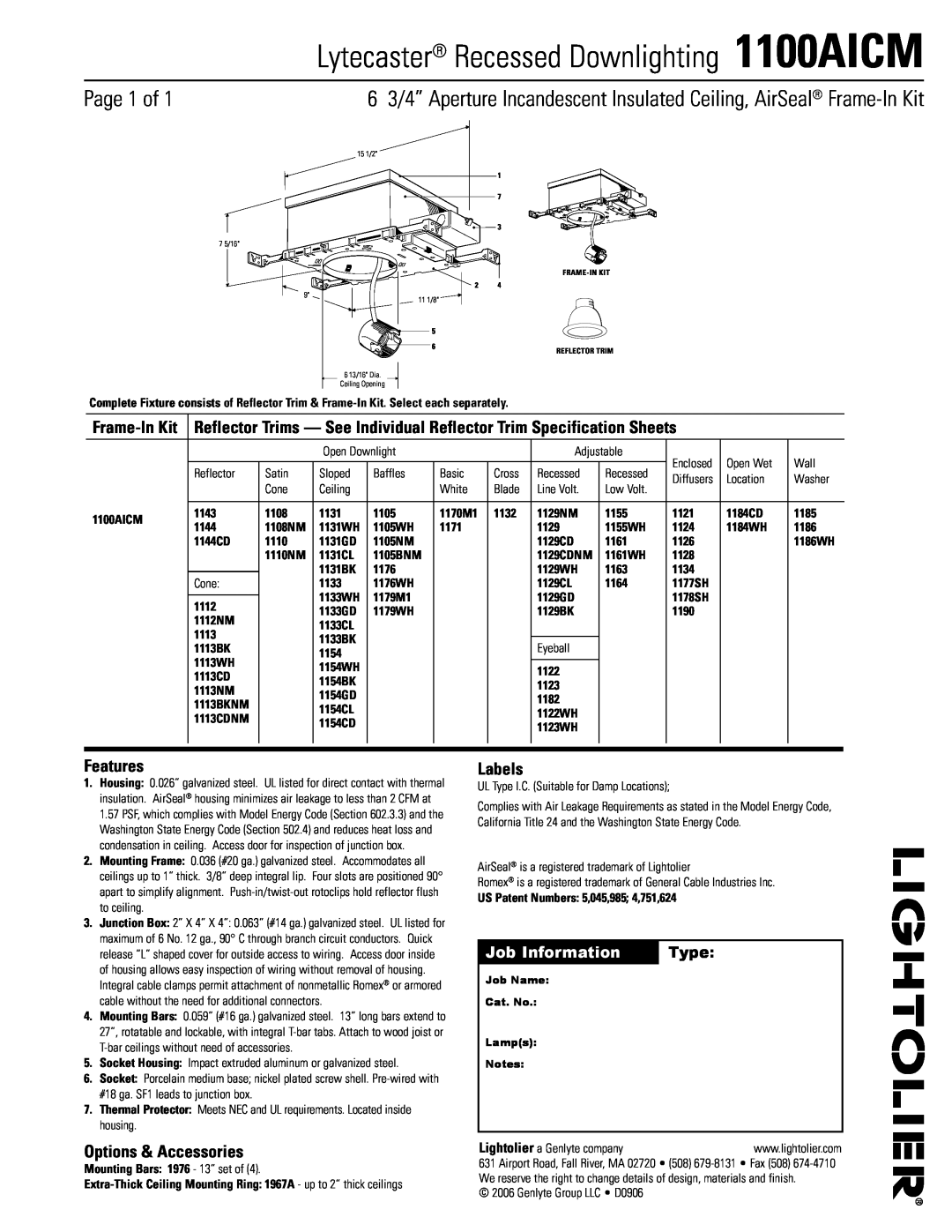 Lightolier specifications Lytecaster Recessed Downlighting 1100AICM, Page  of, Features, Options & Accessories, Labels 