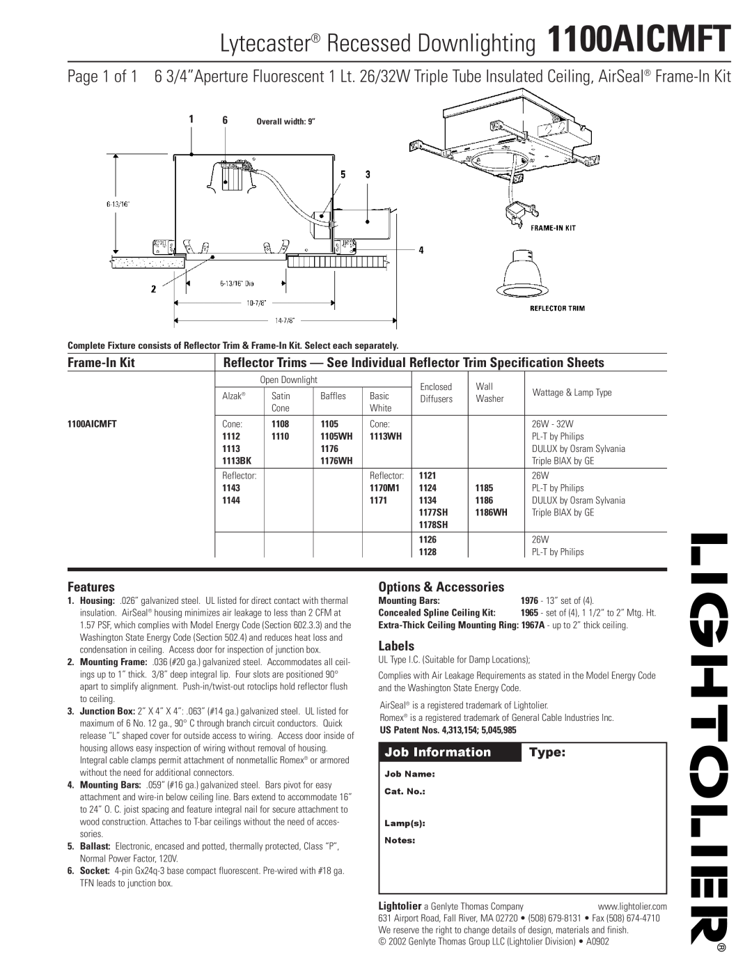 Lightolier specifications Lytecaster Recessed Downlighting 1100AICMFT, Frame-InKit, Features, Options & Accessories 
