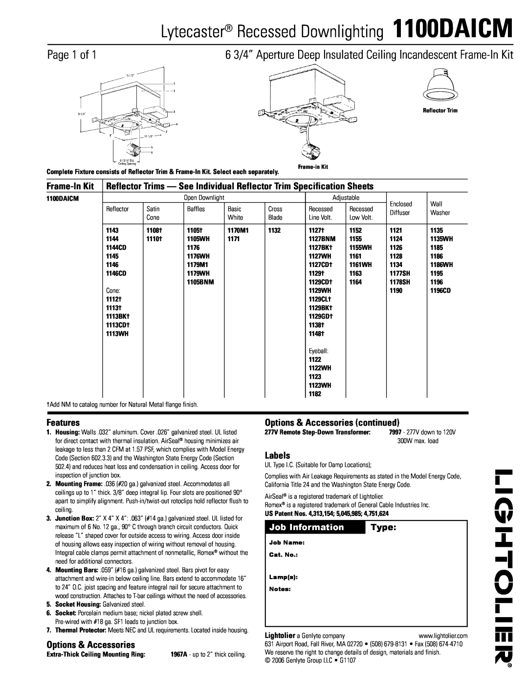 Lightolier specifications Lytecaster Recessed Downlighting 1100DAICM, Page  of, Frame-InKit, Features, Labels, Type 
