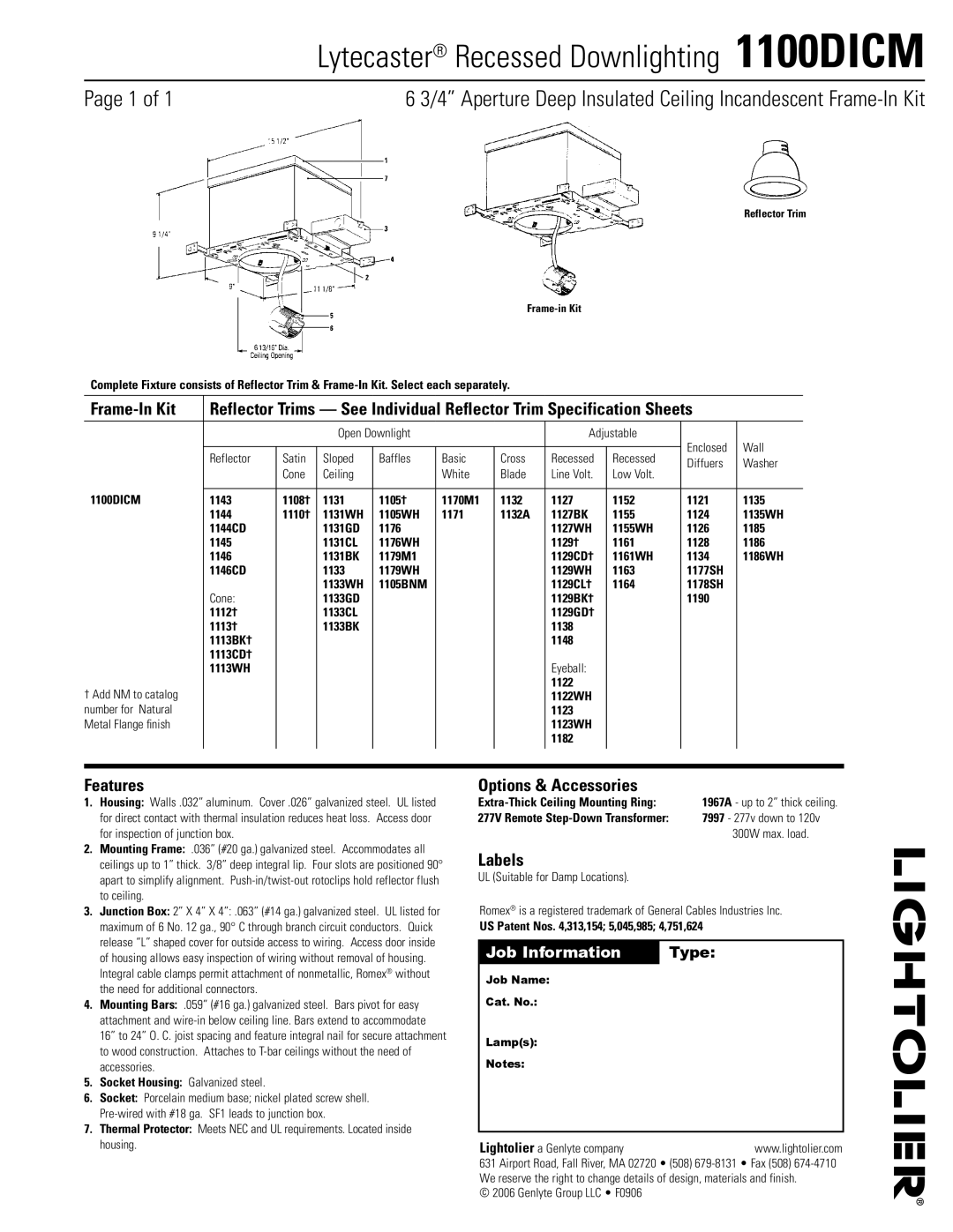 Lightolier specifications Lytecaster Recessed Downlighting 1100DICM 