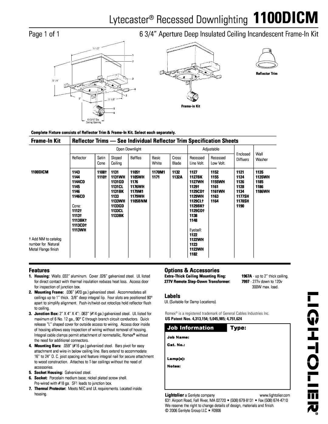 Lightolier specifications Lytecaster Recessed Downlighting 1100DICM, Page  of, Frame-InKit, Features, Labels, Type 