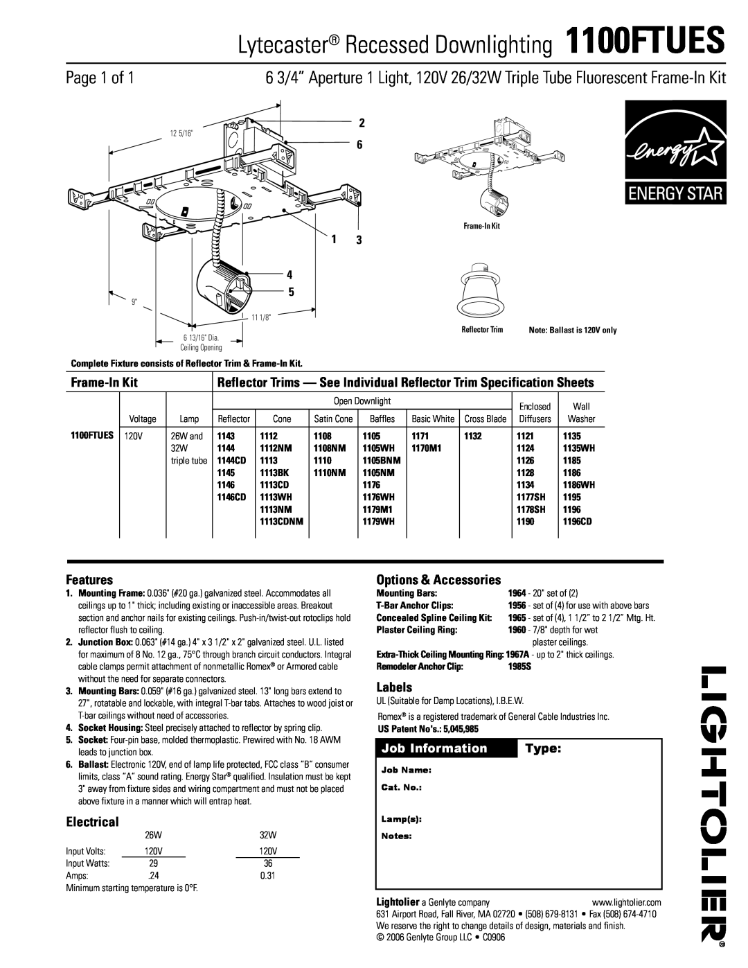 Lightolier specifications Lytecaster Recessed Downlighting 1100FTUES, Page  of, Frame-InKit, Features, Electrical 