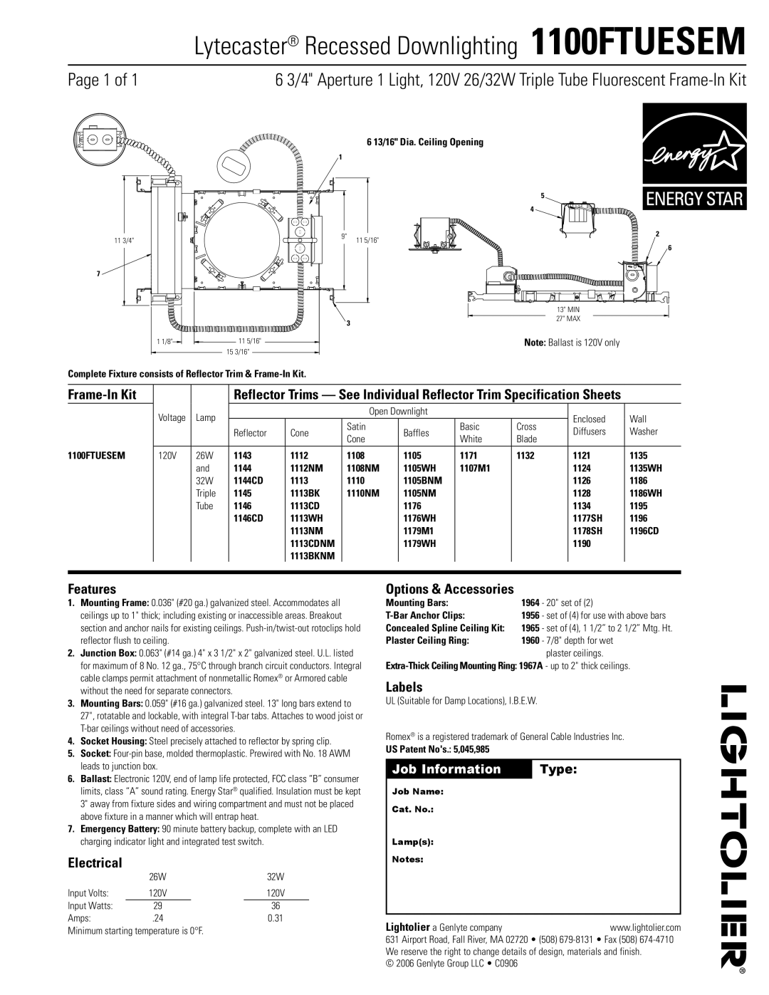 Lightolier specifications Lytecaster Recessed Downlighting 1100FTUESEM 