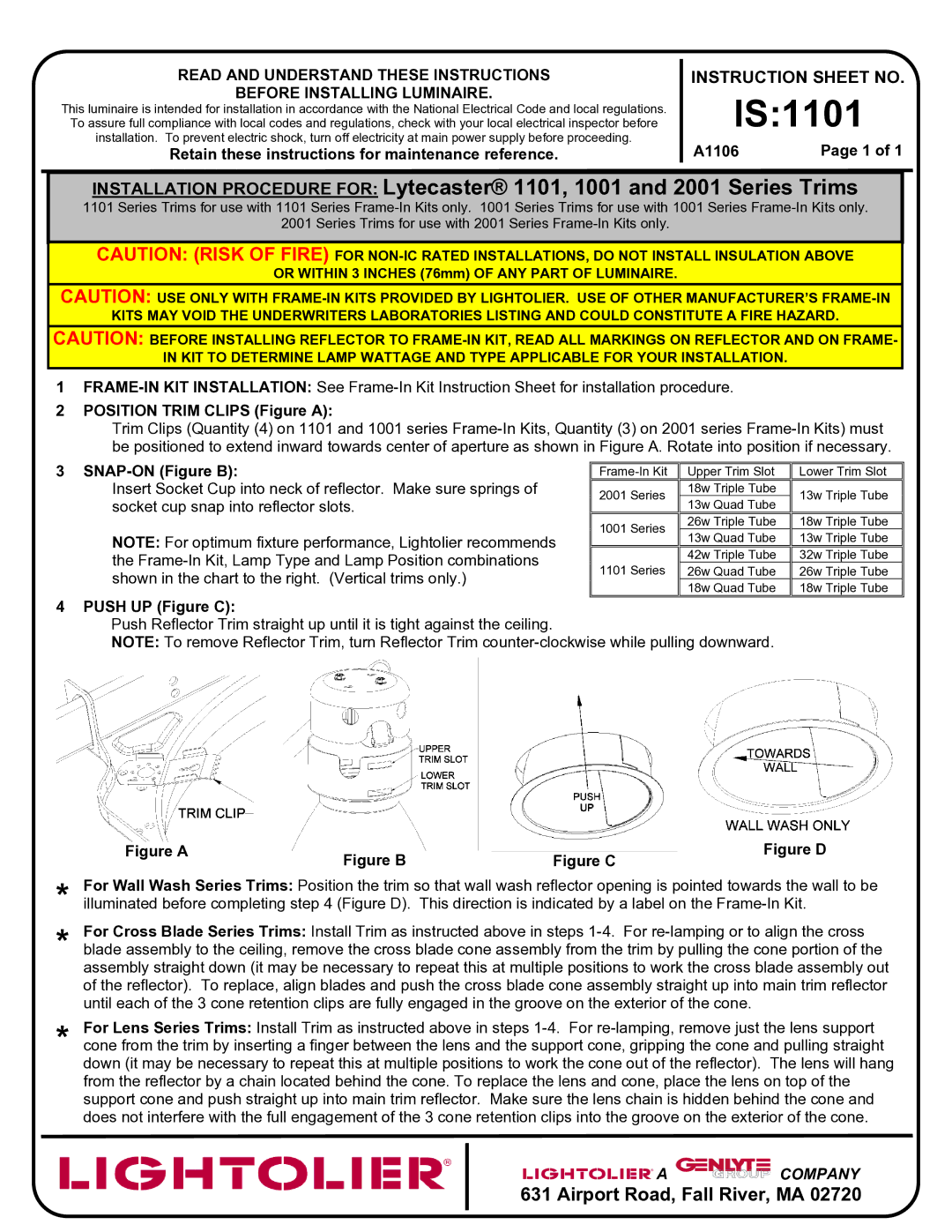 Lightolier instruction sheet IS1101, Retain these instructions for maintenance reference A1106, SNAP-ON Figure B 