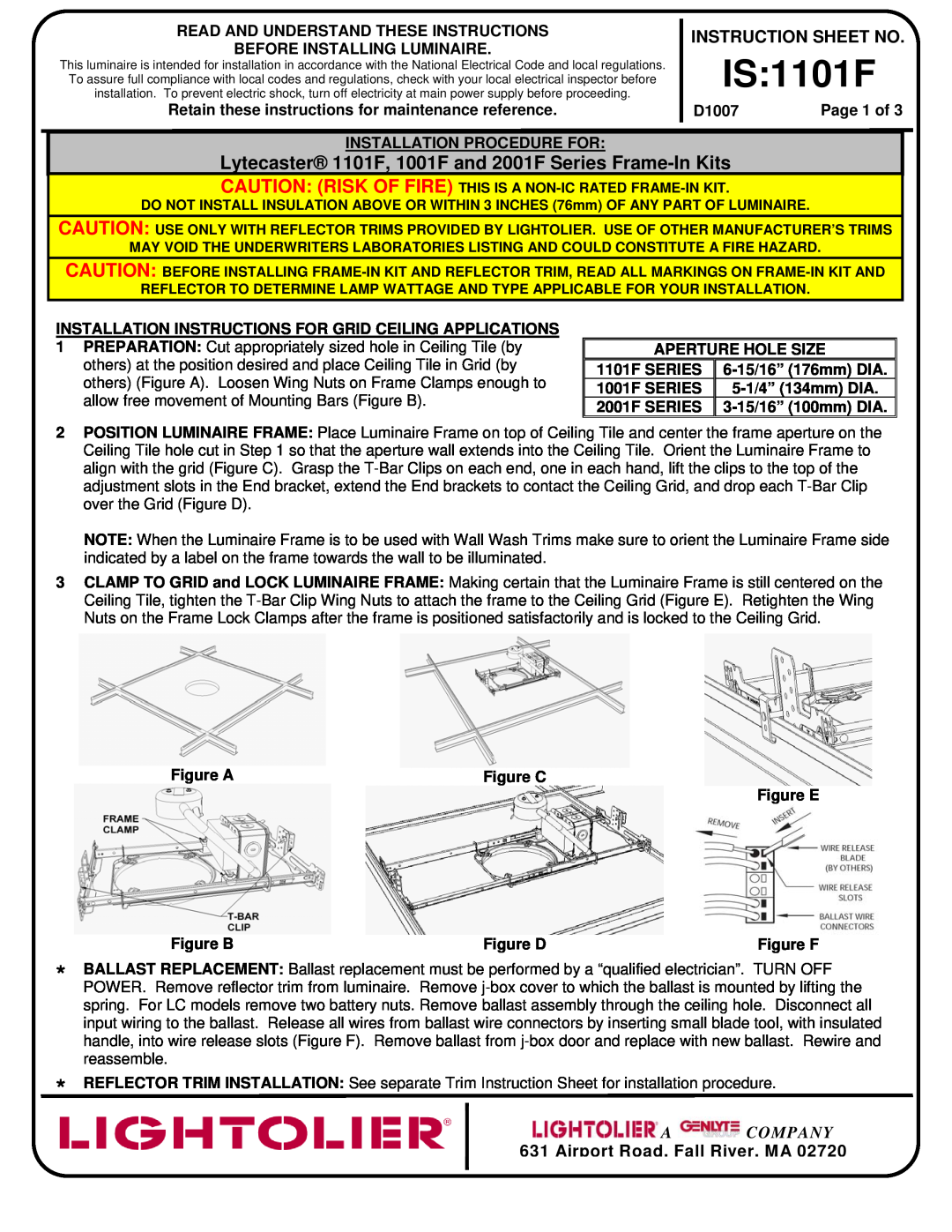 Lightolier 2001F Series installation instructions IS 1101F, Instruction Sheet No, A Company, Airport Road, Fall River, MA 