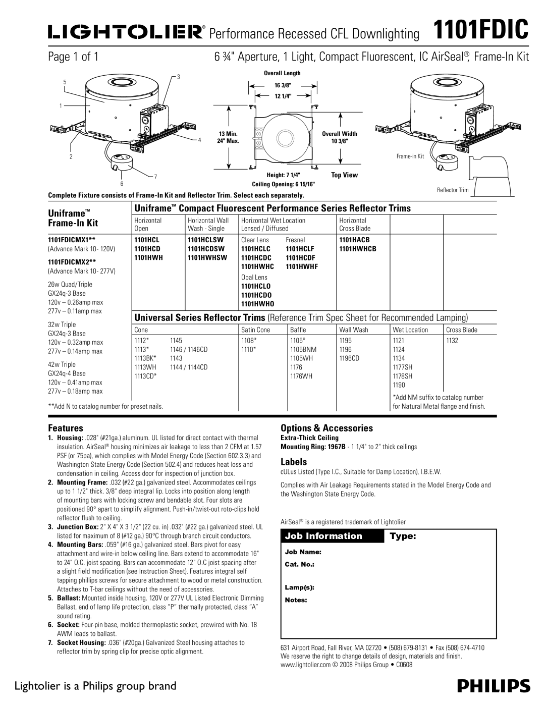 Lightolier instruction sheet Performance Recessed CFL Downlighting 1101FDIC, Lightolier is a Philips group brand 