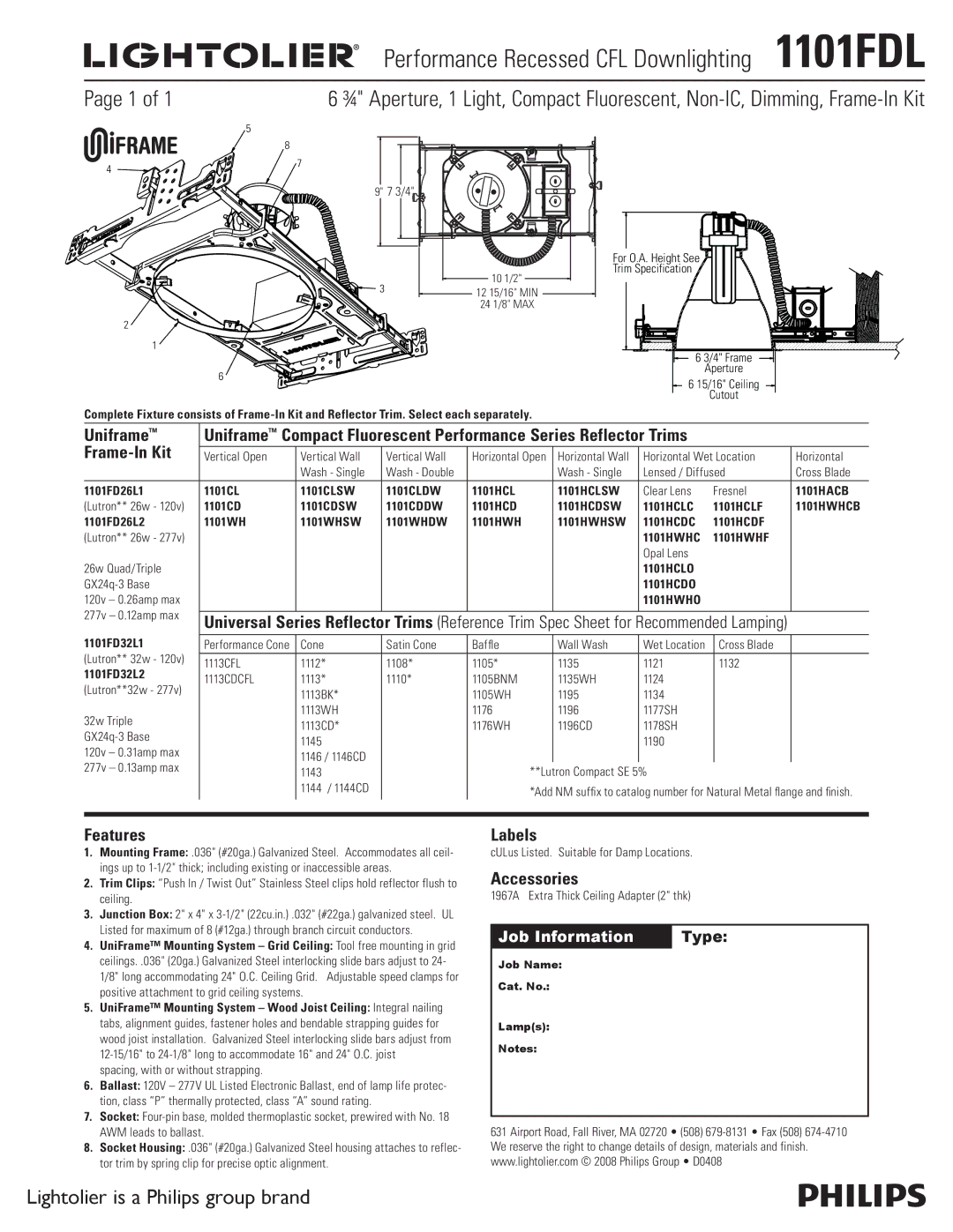 Lightolier 1101FDL manual Lightolier is a Philips group brand 