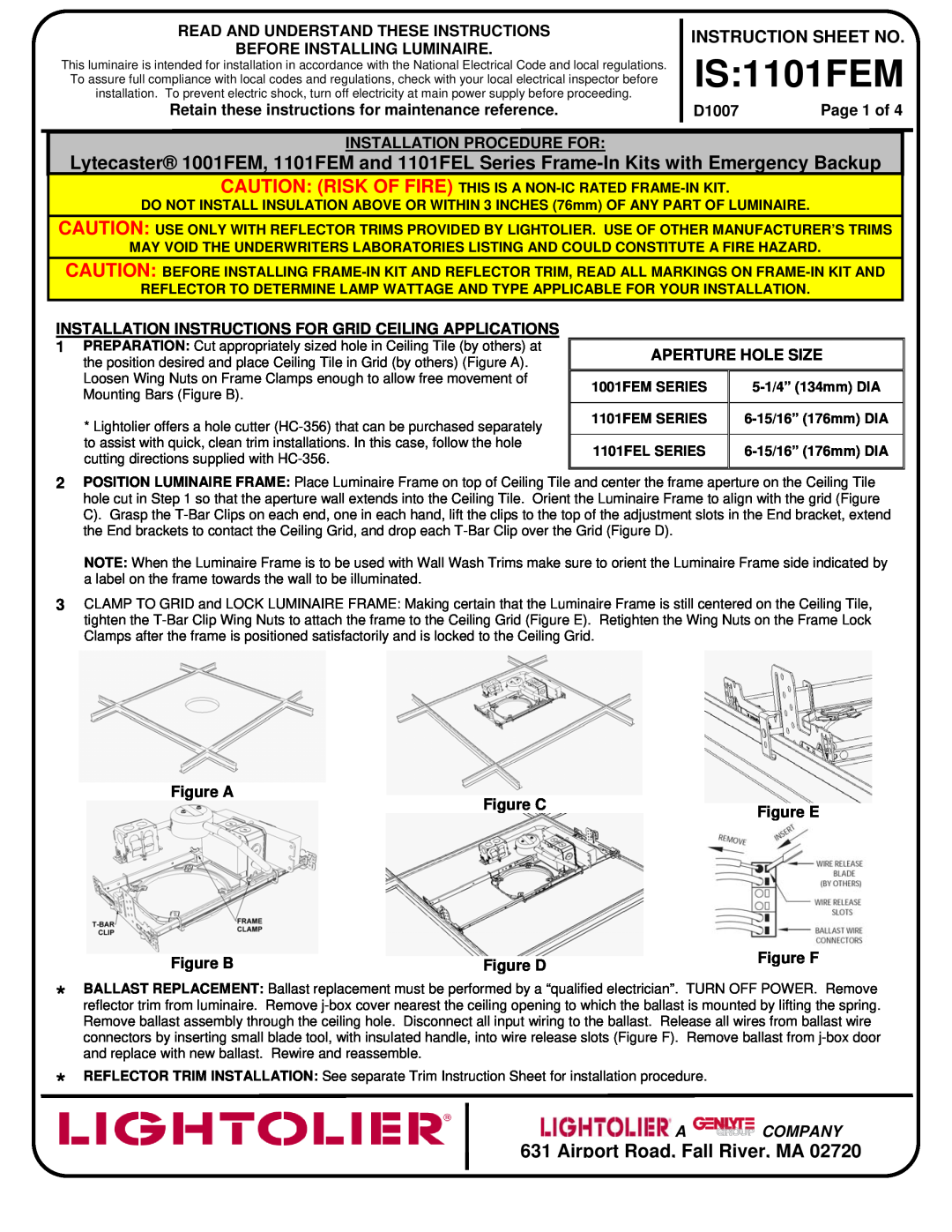 Lightolier 1101FEM Series installation instructions IS 1101FEM, Airport Road, Fall River, MA, Instruction Sheet No 