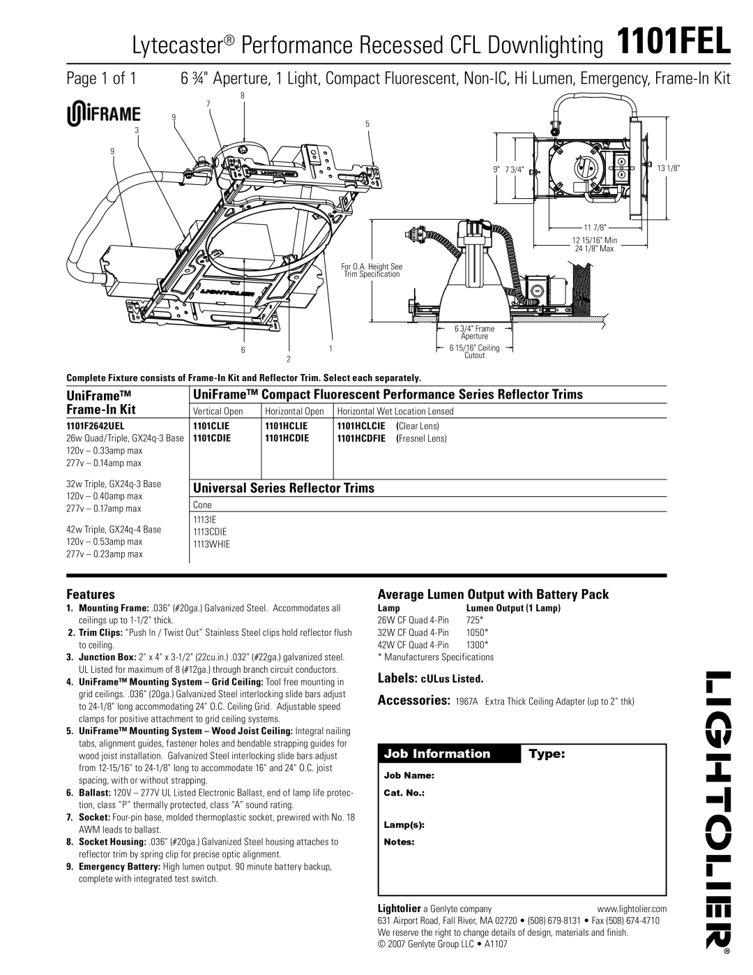 Lightolier specifications Lytecaster Performance Recessed CFL Downlighting 1101FEL, UniFrame, Frame-In Kit, Features 