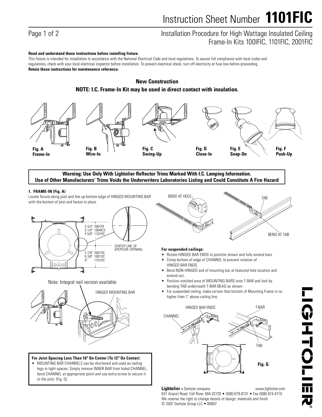 Lightolier 100IFIC, 1101FIC instruction sheet Retain these instructions for maintenance reference, FRAME-IN Fig. a 