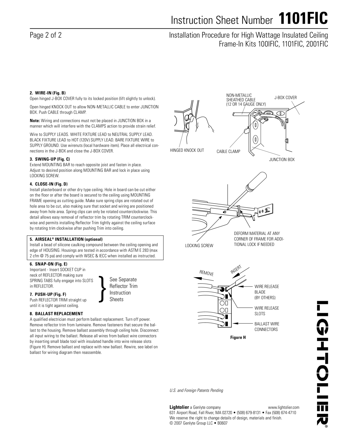 Lightolier 1101FIC, 100IFIC WIRE-IN Fig. B, SWING-UP Fig. C, CLOSE-IN Fig. D, Airseal Installation optional 