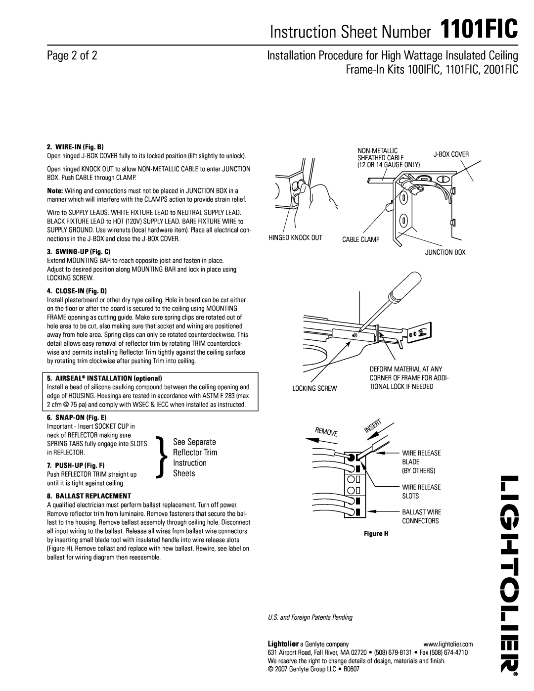 Lightolier 100IFIC instruction sheet Page of, REMOvE, Instruction Sheet Number 1101FIC, U.S. and Foreign Patents Pending 