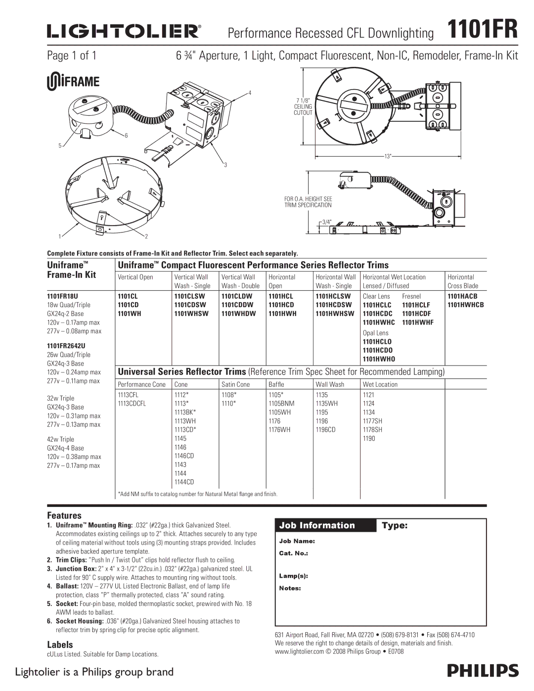 Lightolier manual Performance Recessed CFL Downlighting 1101FR, Uniframe, Frame-In Kit, Features, Labels 