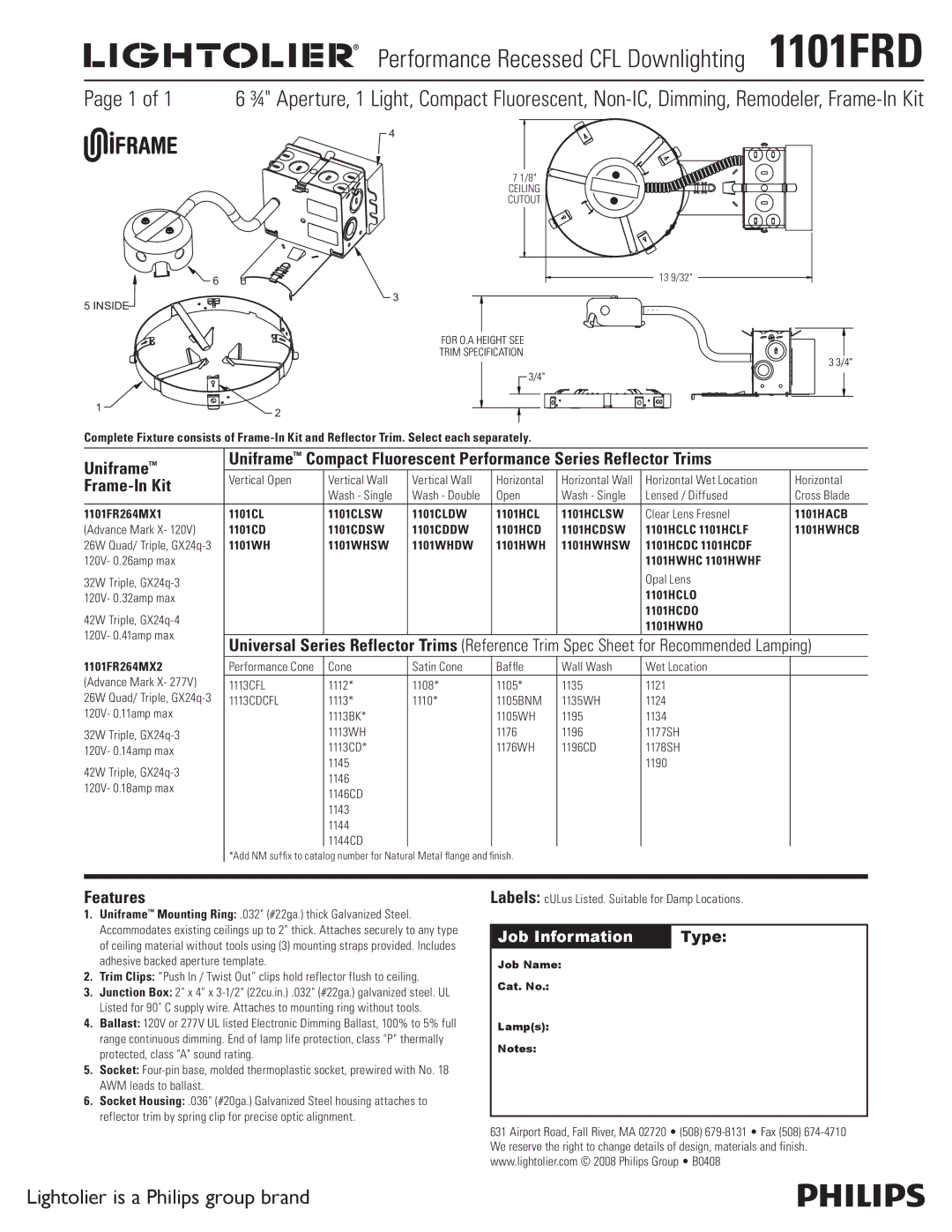 Lightolier manual Performance Recessed CFL Downlighting 1101FRD, Uniframe, Frame-In Kit, Features 