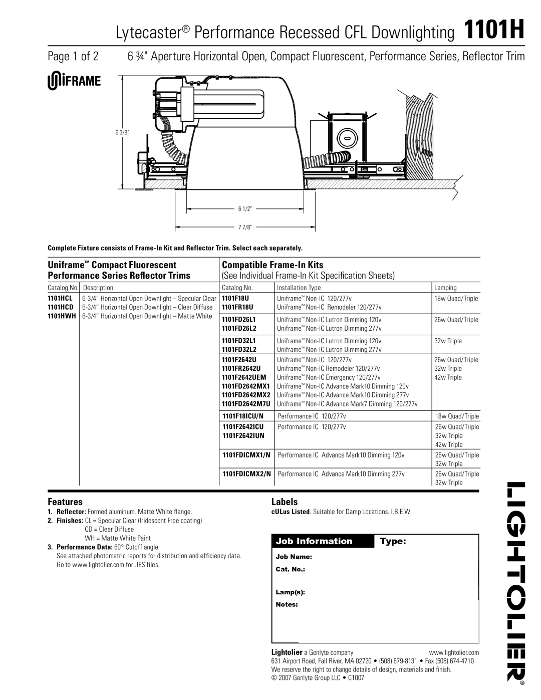 Lightolier 1101H specifications Features, Labels 