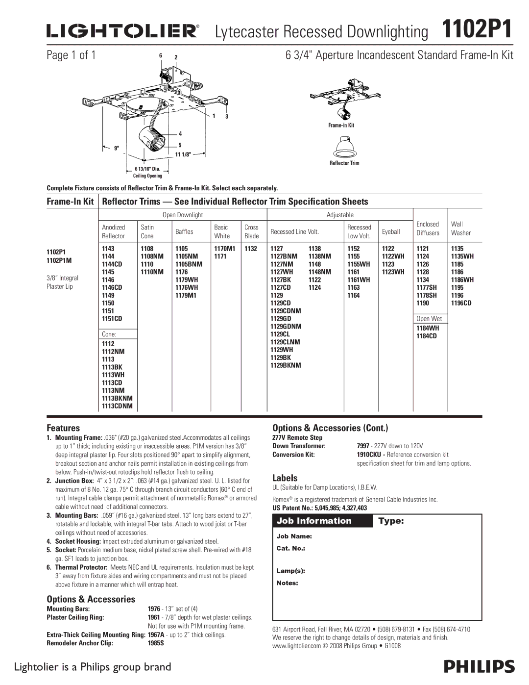 Lightolier specifications Lytecaster Recessed Downlighting 1102P1, Aperture Incandescent Standard Frame-In Kit, Labels 