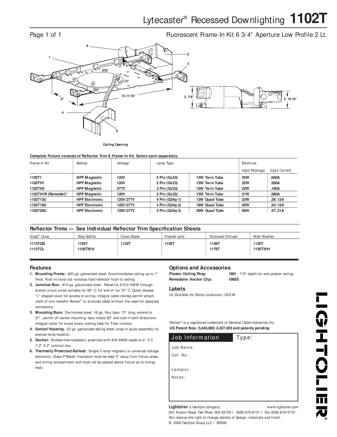 Lightolier specifications Lytecaster Recessed Downlighting 1102T, Page 1 of, Features, Options and Accessories, Labels 