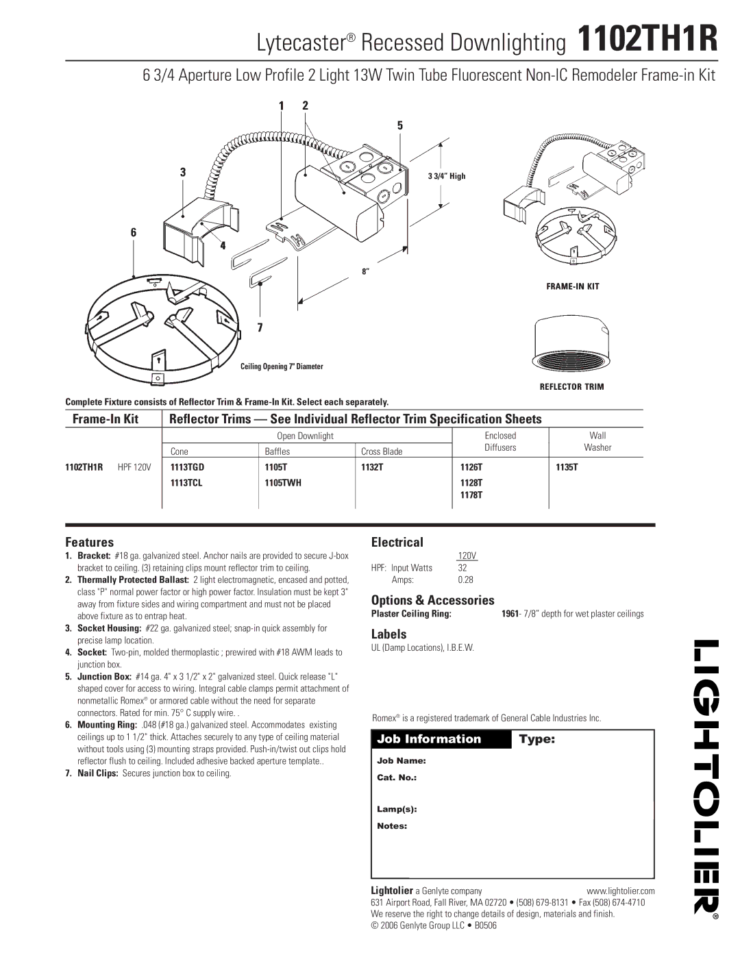 Lightolier specifications Lytecaster Recessed Downlighting 1102TH1R 
