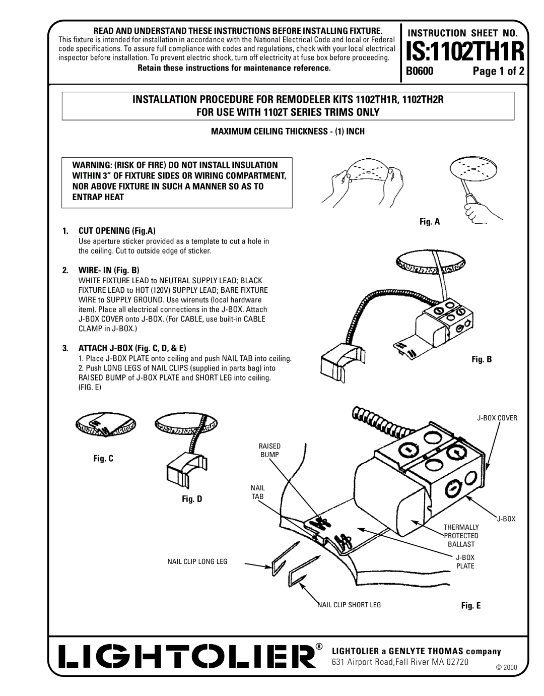 Lightolier 1102T Series, 1102TH2R instruction sheet Retain these instructions for maintenance reference, WIRE- in Fig. B 