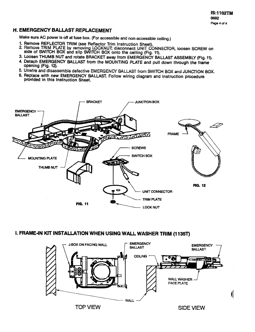 Lightolier 1102TM Emergency Bauast Replacement, FRAME-IN KIT Installation When Using Wall Washer TRIM11S5T 