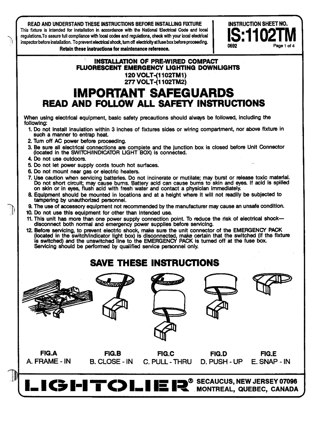 Lightolier 1102TM instruction sheet Read And Follow “All Safety In=Ructions, SAVE THESE lNSrRUCrlONS T,pgv, Fig.A, Fig.B 