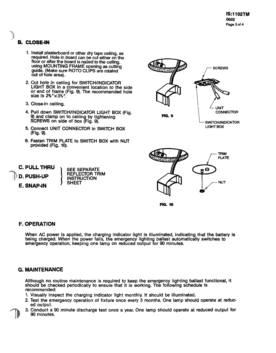 Lightolier 1102TM instruction sheet ~ D. Push-Up, lS ll~TM, F.Operation, G. Maintenance, B.Close-In, E. Snap-In 