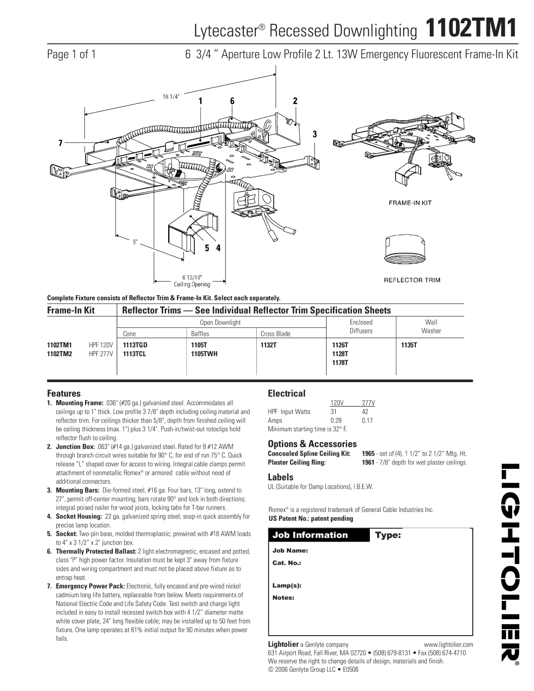Lightolier specifications Lytecaster Recessed Downlighting 1102TM1 